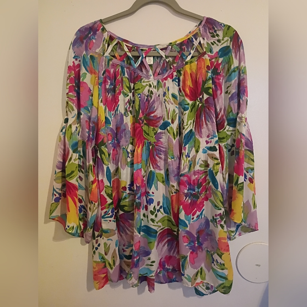 Spense Women's Floral Peplum Sleeve Top‎ Sz L